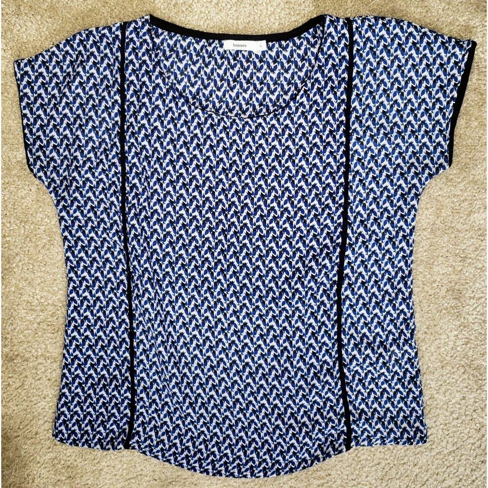Bossini Blouse Patterned Blue Women Size Large Chiffon Lightweight Flowy New